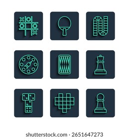 Set line Domino, Pixel hearts for game, Chess, Board, Backgammon board, Twister, Tic tac toe and  icon. Vector