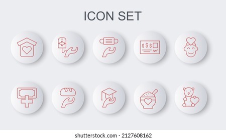 Set Line Donate Child Toys, Donation And Charity, Medical Protective Mask, Food, Shelter For Homeless, Blood Donation, And Education Grant Icon. Vector