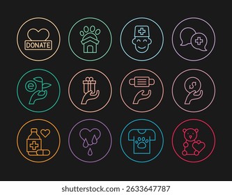 Set line Donate child toys, Donation and charity, Male doctor, Give gift, Leaf in hand, Medical protective mask and Animal shelter house icon. Vector