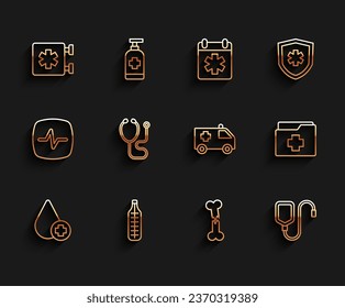 Set line Donate drop blood, Medical thermometer, Emergency - Star of Life, Human broken bone, IV bag, Stethoscope, Patient record and Ambulance car icon. Vector
