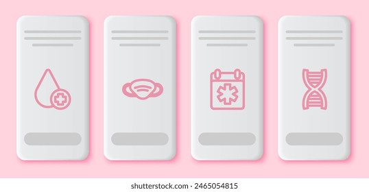 Línea fija Donar sangre de gota, máscara protectora médica, cita con el médico y símbolo de ADN. Botón rectangular blanco. Vector