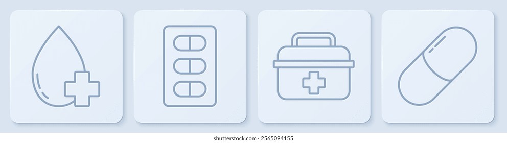 Set line Donate drop blood with cross, First aid kit, Pills in blister pack and Medicine pill or tablet. White square button. Vector
