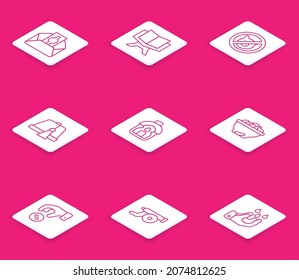 Set line Donate or pay your zakat, Holy book of Koran, No pig, Turkish hat, Ramadan Kareem lantern, Date fruit in bowl,  and cannon icon. Vector