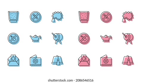 Set line Donate or pay your zakat, Octagonal star, Glass with water, Turkish hat, Oil lamp, Ramadan drum, No alcohol and Smoking icon. Vector