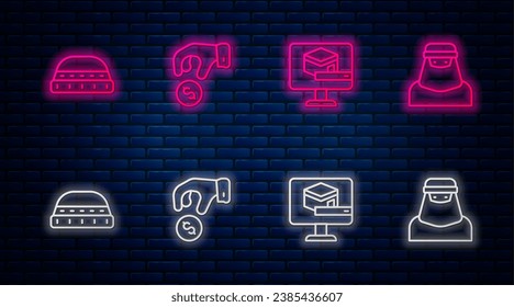Set line Donate or pay your zakat, Kaaba mosque, Muslim hat for prayer and woman in niqab. Glowing neon icon on brick wall. Vector
