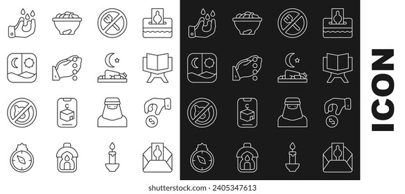 Set line Donate or pay your zakat, Holy book of Koran, Ramadan fasting, Hands praying position, Wudhu and Muslim man prays icon. Vector