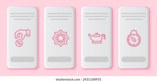 Set line Donate or pay your zakat, Octagonal star, Oil lamp and Qibla. White rectangle button. Vector