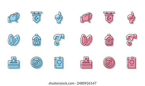 Set line Donate or pay your zakat, No pig, Hands in praying position, Holy book of Koran, Ramadan Kareem lantern, Date fruit and Star crescent icon. Vector
