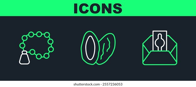 Set line Donate or pay your zakat, Rosary beads religion and Date fruit icon. Vector