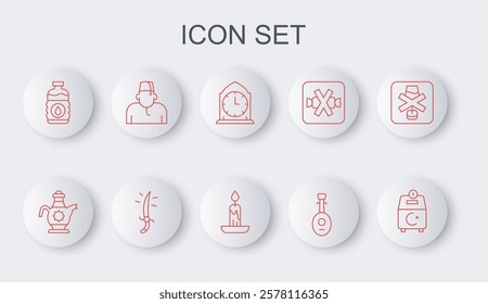 Set line Donate or pay your zakat, Islamic teapot, Clock, Lute, Bottle of water, Muslim man, Arabian saber and Burning candle icon. Vector