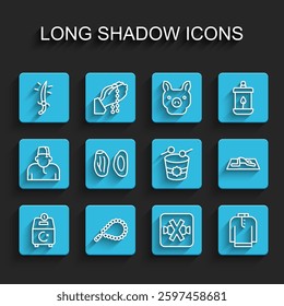 Set line Donate or pay your zakat, Rosary beads religion, Arabian saber, No sweets, Shirt kurta, Date fruit, Muslim man prays and Ramadan drum icon. Vector