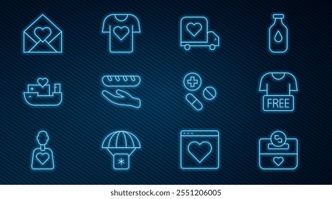 Set line Donation and charity, Clothes donation, Delivery truck with heart, food, Humanitarian ship, Envelope Valentine, Medicine pill or tablet and  icon. Vector