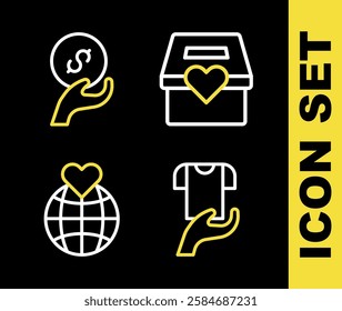 Set line Donation and charity, Clothes donation, Hand holding Earth globe and  icon. Vector