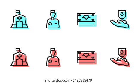 Set line Donación y caridad, Tienda de campaña médica de emergencia, Médico masculino e icono de donación de sangre. Vector
