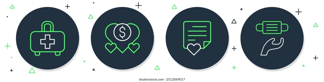 Set line Doação e caridade, Envelope com coração, kit de primeiros socorros e ícone máscara de proteção médica. Vetor