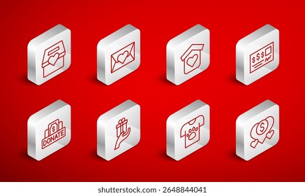 Set line Donation and charity, Envelope with heart, Shelter for homeless, Bank check, Animal volunteer, Give gift and  icon. Vector