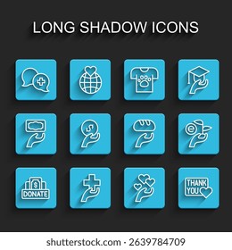Set line Donation and charity, Heart with cross, Dialogue doctor, in hand, Thank you heart, Leaf and food icon. Vector