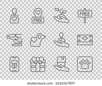 Set line Donation and charity, Paw print, Volunteer team planting trees, Gift box, Heart with dog, Book donation and  icon. Vector
