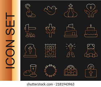 Set line Donation for church, Priest, Ark of noah, Church tower, Christian cross, Crucifixion Jesus, Magic staff and Babel bible story icon. Vector