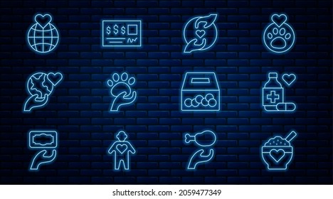 Set line Donation food, Medicine bottle and pills, Pleasant relationship, Animal volunteer, Hand holding Earth globe, charity and Bank check icon. Vector