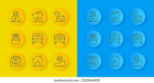 Set line Donation food, Sleeping bag, Trash can, Rising cost of housing, Searching for, Tourist tent, House with question mark and Ruined house icon. Vector