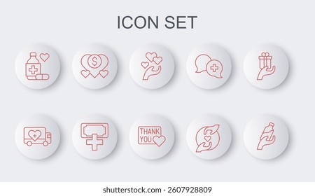 Set line Donation water, Humanitarian truck, Heart in hand, Pleasant relationship, Medicine bottle pills, charity,  and Thank you with heart icon. Vector