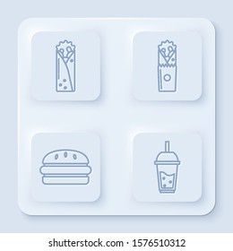 Set line Doner kebab, Doner kebab, Burger and Glass of lemonade with drinking straw. White square button. Vector