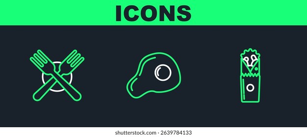 Set line Doner kebab, Crossed fork and Scrambled eggs icon. Vector