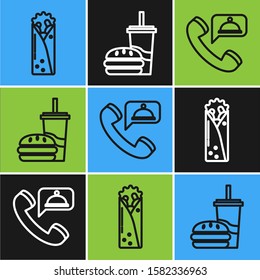 Set line Doner kebab, Food ordering and Paper glass with drinking straw and burger icon. Vector