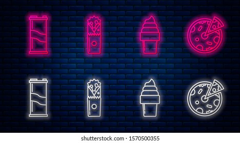 Set line Doner kebab, Ice cream in waffle cone, Soda can and Pizza. Glowing neon icon on brick wall. Vector