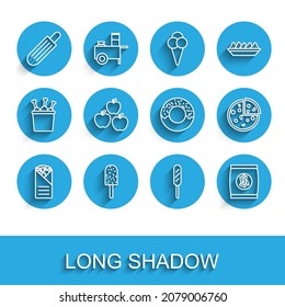 Set line Doner kebab, Ice cream, French hot dog, Corn, Hard bread chucks crackers, Apple, Pizza and Donut icon. Vector