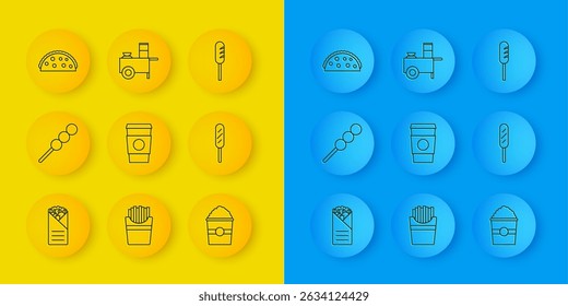 Set line Doner kebab, Meatballs wooden stick, Coffee cup to go, Popcorn in box, Corn dog, Taco with tortilla, Fried sausage and Fast street food cart icon. Vector