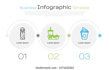 Set line Doner kebab, Paper glass with drinking straw and hotdog and Popcorn in cardboard box. Business infographic template. Vector