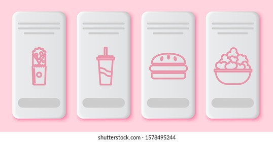 Set line Doner kebab, Paper glass with drinking straw and water, Burger and Popcorn in bowl. White rectangle button. Vector