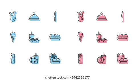 Set line Doner kebab, Paper glass with drinking straw and donut, Chicken leg, Burger french fries carton package box, hotdog, Sandwich, Ice cream waffle cone and Covered tray of food icon. Vector