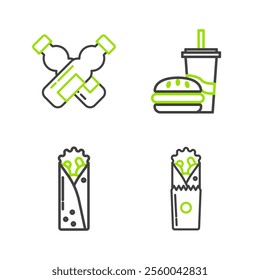 Set line Doner kebab, Paper glass with drinking straw and burger and Crossed bottle of water icon. Vector