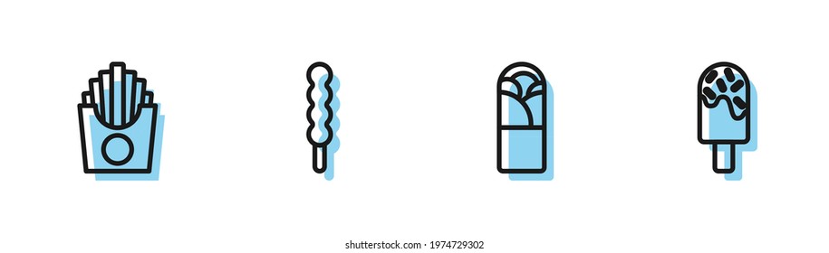 Set line Doner kebab, Potatoes french fries in box, Lollipop and Ice cream icon. Vector