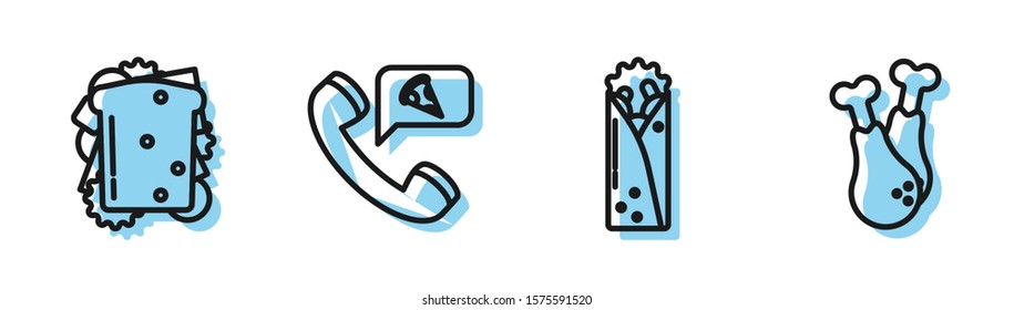 Set line Doner kebab, Sandwich, Food ordering pizza and Chicken leg icon. Vector