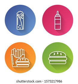 Set line Doner kebab, Sauce bottle, Burger and french fries in carton package box and Burger. Color circle button. Vector