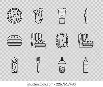 Set line Doner kebab, Sauce bottle, Paper glass and water, Fork, Pizza, Burger french fries in carton package box, Glass of lemonade with drinking straw and  icon. Vector
