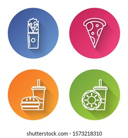 Set line Doner kebab, Slice of pizza, Paper glass with drinking straw and burger and Paper glass with drinking straw and donut. Color circle button. Vector