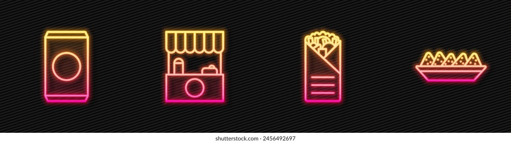 Set line Doner kebab, Soda can with straw, Street stall awning and Nachos plate. Glowing neon icon. Vector