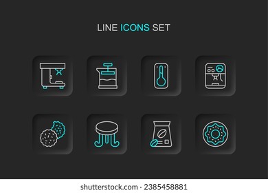 Set line Donut, Bag of coffee beans, Coffee table, Cookie or biscuit, machine, thermometer, French press and  icon. Vector