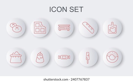 Set line Donut, Bag of flour, Electronic scales, Ice cream, Bread loaf, Chocolate bar, Pudding custard and Candy icon. Vector