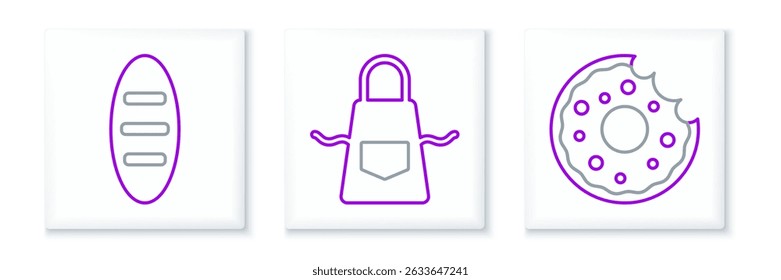 Set line Donut, Bread loaf and Kitchen apron icon. Vector