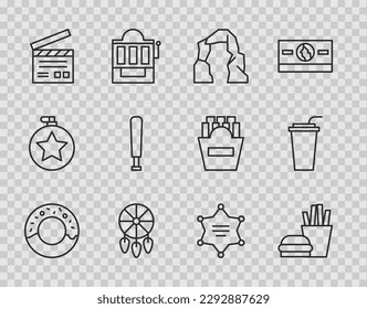 Set line Donut, Burger and french fries, Grand canyon, Dream catcher with feathers, Movie clapper, Baseball bat, Hexagram sheriff and Paper glass straw icon. Vector