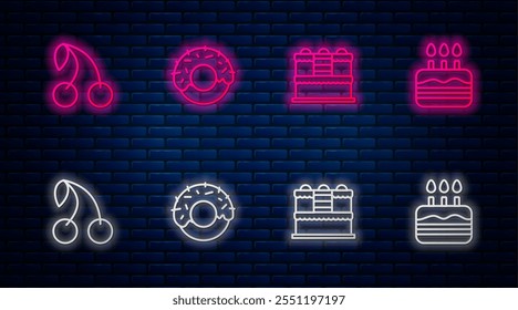 Set line Donut, Cake, Cherry and with burning candles. Glowing neon icon on brick wall. Vector