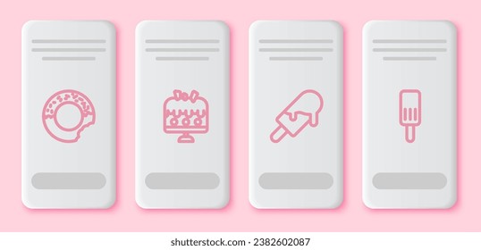 Set line Donut, Cake plate, Ice cream and . White rectangle button. Vector