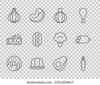 Set line Donut, Carrot, Onion, Jelly cake, Garlic, Hotdog, Avocado fruit and Salami sausage icon. Vector