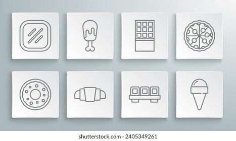 Set line Donut, Chicken leg, Croissant, Sushi cutting board, Ice cream waffle cone, Chocolate bar, Pizza and Steak meat icon. Vector